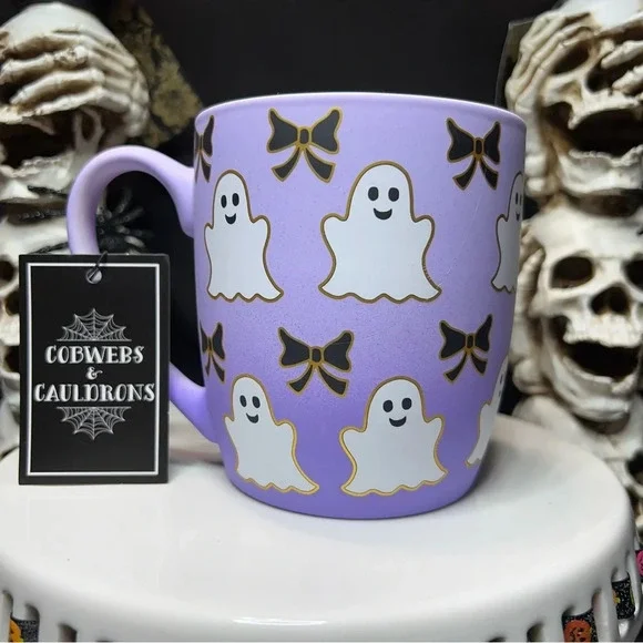 Cobwebs & Cauldrons Halloween Purple Ombre White Ghost Black Bow Coffee Mugs - Picture 7 of 12